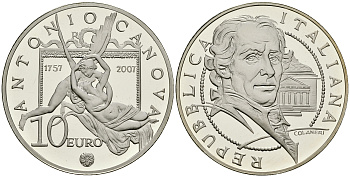 Италия 10 евро 2007 250 лет со дня рождения скульптора Антонио Кановы KM 296 серебро PROOF 3-6-2-35