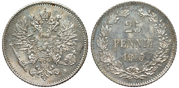 Россия для Финляндии 25 пенни 1916 S, Николай II (1894-1917) KM 6.2, Биткин 421 серебро 75-1254