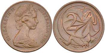АВСТРАЛИЯ 2 ЦЕНТА 1974 ЕЛИЗАВЕТА II, МОЛОДОЙ ПОРТРЕТ, ПЛАЩЕНОСНАЯ ЯЩЕРИЦА (FRILLED LIZARD) KM 63 бронза 4385-1015