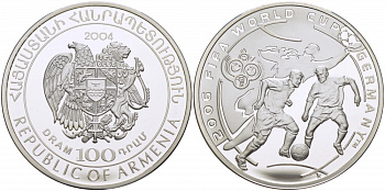 Армения 100 драм 2004 чемпионат мира по футболу в Германии 2006, тираж 300 экземпляров KM 111 серебро PROOF 1077-7-11