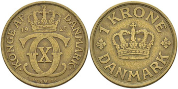 ДАНИЯ 1 КРОНА 1925 HCN; GJ, КРИСТИАН X (1912-1947) KM 824.1 алюминиевая бронза 38-424