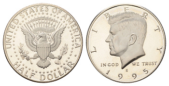 США 1/2 доллара (50 центов) 1995 S, Джон Кеннеди KM A202b медь плакированная медно-никелем PROOF 1522-1213