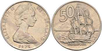 Новая Зеландия 50 центов 1975 Елизавета II (1952-2022), парусник Индевор KM 37.1 медно-никель 4131-1216