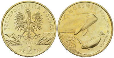Польша 2 злотых 2004 MW, серия сохраним природу, морская свинья KM 464 нордик UNC 4574-921