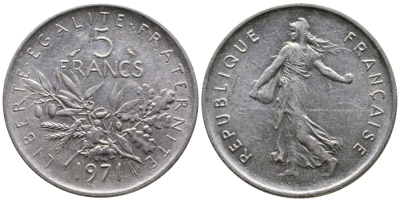 Франция 5 франков 1971 сеятель KM 926a.1, Le Franc 341.3 медно-никель плакированный никелем 4680-116