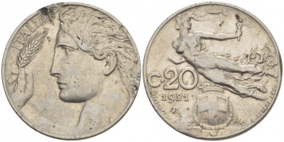 Италия 20 чентезимо 1921 R, Виктор Эммануил III (1900-1946) KM 44 никель 77-845