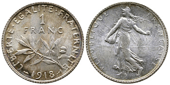 Франция 1 франк 1918 сеятель KM 844.1, Le Franc 217.24 серебро UNC 259-653
