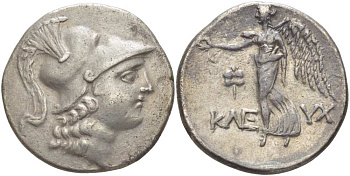 Памфилия, Сиде тетрадрахма середина I в. до н.э. голова Афины в шлеме / K?EYX, богиня Нике с лавровым венком, слева плод граната, вес 16,16 г SNG BN 695 серебро 00-821-48