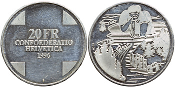 Швейцария 20 франков 1996 В, мифологический великан KM 76 серебро PROOF 1524-722