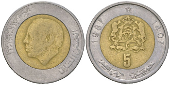 Марокко 5 дирхамов 1987 AH 1407, Хасан II (1961-1999) KM 82 биметалл 4523-1156