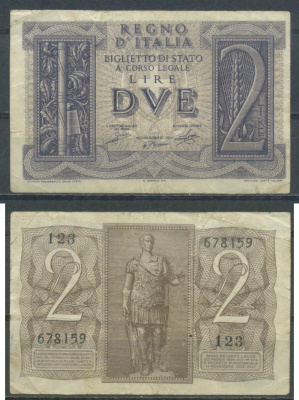 Италия 2 лиры 1939 Pick 27 бумага 8601-18-1-2