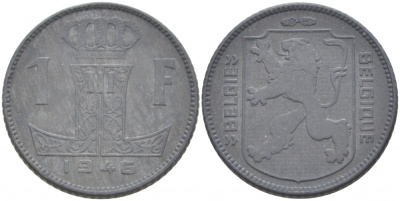 БЕЛЬГИЯ 1 ФРАНК 1946 BELGIE-BELGIQUE, ГЕРМАНСКАЯ ОККУПАЦИЯ, ВТОРАЯ МИРОВАЯ ВОЙНА KM 128 цинк 213-912