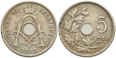 БЕЛЬГИЯ 5 САНТИМОВ 1913 BELGIQUE KM 66 медно-никель 112-229