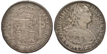 Мексика 8 реалов 1792 FM, монетный двор Mo (Мехико Сити), Карл IV Испанский (1788-1808), красивая патина KM 109 серебро 00-00