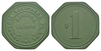 Чили, Луизис (Luisis), Антофагаста шахтерский жетон с Селитряного рудника для покупки в местных магазинах, номиналом в 1 песо около 1905 размер 42x42 мм, вес 5,51 гр Espinosa 189.6 эбонит (зеленый) 01-236-34