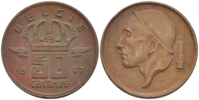 Бельгия 50 сантимов 1967 Belgie, Бодуэн I (1951-1993) KM 149.1 бронза 3458-113