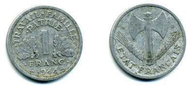 ФРАНЦИЯ 1 ФРАНК 1944 B, ТИП LEGERE, ПРАВИТЕЛЬСТВО ВИШИ KM 902.2, LE FRANC 223.6 алюминий 29-822