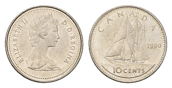 Канада 10 центов 1980 Елизавета II (1952-2022), парусник KM 77 никель 4689-551