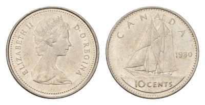 Канада 10 центов 1980 Елизавета II (1952-2022), парусник KM 77 никель 4689-551