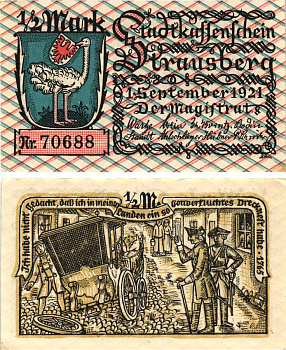 ШТРАУСБЕРГ 1/2 МАРКИ 1921 НОТГЕЛЬД, 1 СЕНТЯБРЯ 1921, ЗЕМЛЯ БРАНДЕНБУРГ Grabowski 1281.1 бумага 8608-1-3-1