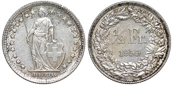 ШВЕЙЦАРИЯ 1/2 ФРАНКА 1959 KM 23 серебро 4178-116