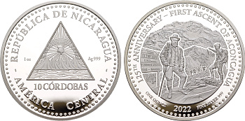 Никарагуа 10 кордоба 2022 125 лет со дня первого восхождения на гору Аконкагуа NI-000172 серебро  PROOF  11-182-15