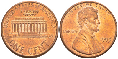США 1 цент 1993 Авраам Линкольн KM 201b цинк плакированный медью UNC 188-245