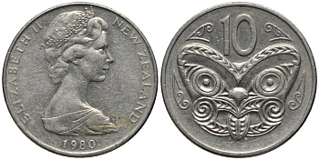 Новая Зеландия 10 центов 1980 Елизавета II (1952-2022), маска маори KM 41.1 медно-никель 4579-947