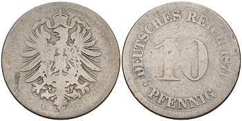 Германия 10 пфеннигов 1874 A, старогербовка KM 4,  J. 4 медно-никель    4153-515