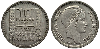 Франция 10 франков 1948 тип Пьер Турин KM 909.1, Le Franc 362.3 медно-никель 27-827