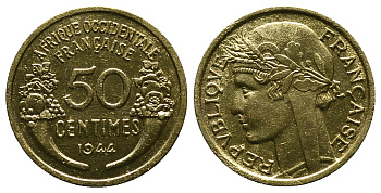 Французская Западная Африка 50 сантимов 1944 редкая KM 1, Lec 1 алюминиевая бронза aUNC 4381-946