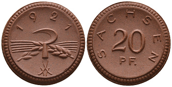 Саксония 20 пфеннигов 1921 колосья и серп J. N 53 фарфор UNC 1094-9-22