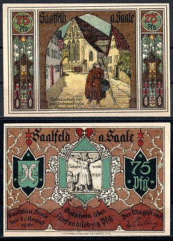 Заальфельд (Заале) (Тюрингия) 75 пфеннигов 1921 Mehl Grabowski 1155.5-4/5 бумага UNC (пресс) 7553-20-2-2