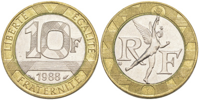 Франция 10 франков 1988 тип гений Бастилии KM 964.1, Le Franc 375.2 биметалл 106-256