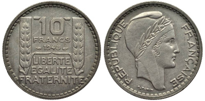 Франция 10 франков 1948 тип Пьер Турин KM 909.1, Le Franc 362.3 медно-никель 27-827
