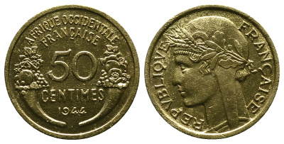 Французская Западная Африка 50 сантимов 1944 редкая KM 1, Lec 1 алюминиевая бронза aUNC 4381-946