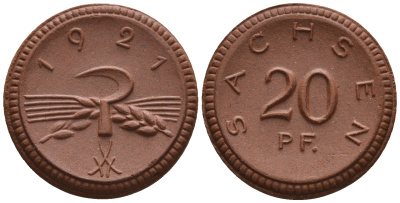 Саксония 20 пфеннигов 1921 колосья и серп J. N 53 фарфор UNC 1094-9-22