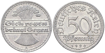 Германия 50 пфеннигов 1920 A KM 27, J. 301 алюминий aUNC 4119-747