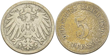 ГЕРМАНИЯ 5 ПФЕННИГОВ 1890 A KM 11, J. 12, Weege 6 медно-никель 206-868