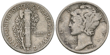 США 10 центов (дайм) 1942 D KM 140 серебро 3334-1254