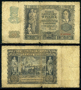 Польша 20 злотых 1940 Pick 95 (1) бумага 6283-13-3-1