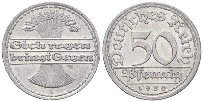 Германия 50 пфеннигов 1920 A KM 27, J. 301 алюминий aUNC 4119-747