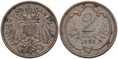 Австрия 2 геллера 1905 Франц Иосиф (1846-1918) KM 2801 бронза 4567-644