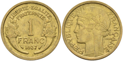 Франция 1 франк 1937 KM 885, Le Franc 219.2 алюминиевая бронза 4142-844