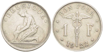 Бельгия 1 франк 1922 Belgique, Альберт I (1910-1934) KM 89 никель 202-914