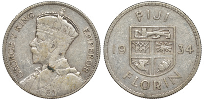 Фиджи 1 флорин 1934 Георг V (1910-1936), герб Фиджи KM 5 серебро    91-1122