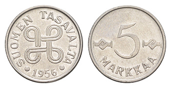 Финляндия 5 марок 1956 KM 37a железо плакированное никелем 4647-444