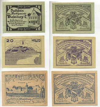 Австрия набор из 3 банкнот 1920 15 декабря 1920-30 декабря 1920, нотгельд, 10, 20, 50 геллеров, WIEFELBURG am der ERLAUF   бумага  XF 7555-6-4-1