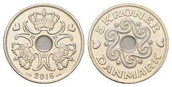 Дания 5 крон 2016 Маргрете II (1972-2024) KM 869 медно-никель UNC 119-117