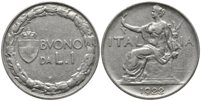 ИТАЛИЯ 1 ЛИРА 1922 R, ВИКТОР ИМАНУИЛ III (1900-1946) KM 62 никель 34-1236